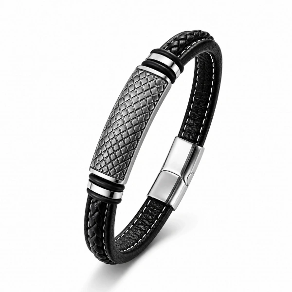 Moncuk Design Diamond Grid Desenli Çelik Kilitli Siyah Deri Erkek Bileklik 33511B8D5