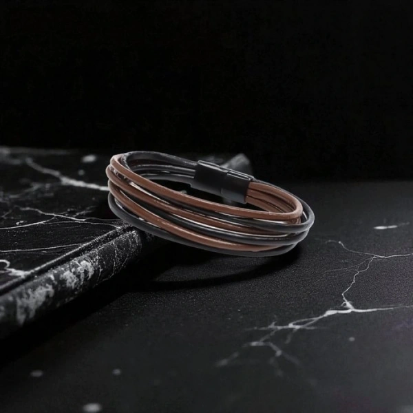 Moncuk Design Kahve Siyah Çoklu Deri Ve Titianyum Kilitli Çelik Bileklik 33513B13D3