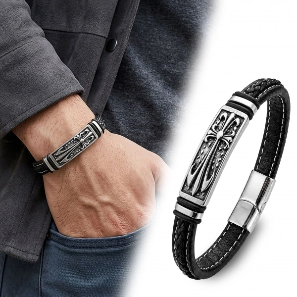 Moncuk Design Fleur De Lis Motifli Çelik Kilitli Siyah Deri Erkek Bileklik 33511B8D1