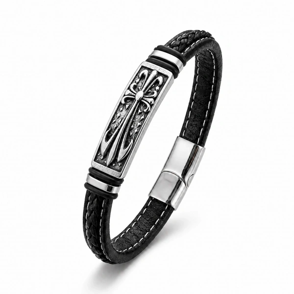 Moncuk Design Fleur De Lis Motifli Çelik Kilitli Siyah Deri Erkek Bileklik 33511B8D1