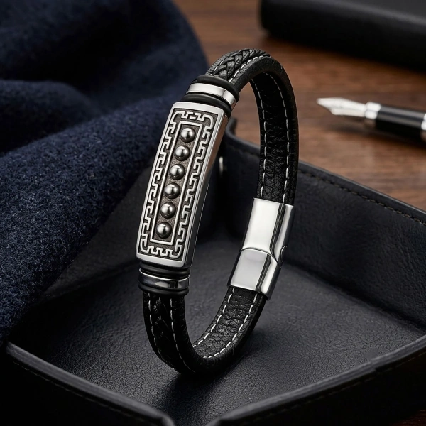 Moncuk Design Greek Key Desenli Çelik Kilitli Siyah Deri Erkek Bileklik 33511B8D2