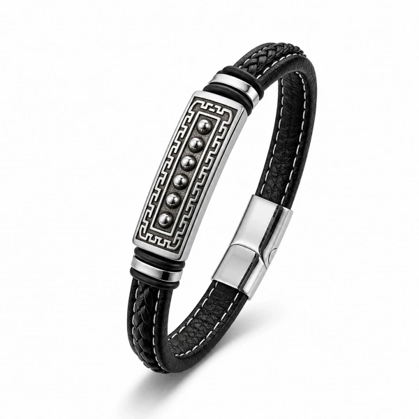 Moncuk Design Greek Key Desenli Çelik Kilitli Siyah Deri Erkek Bileklik 33511B8D2