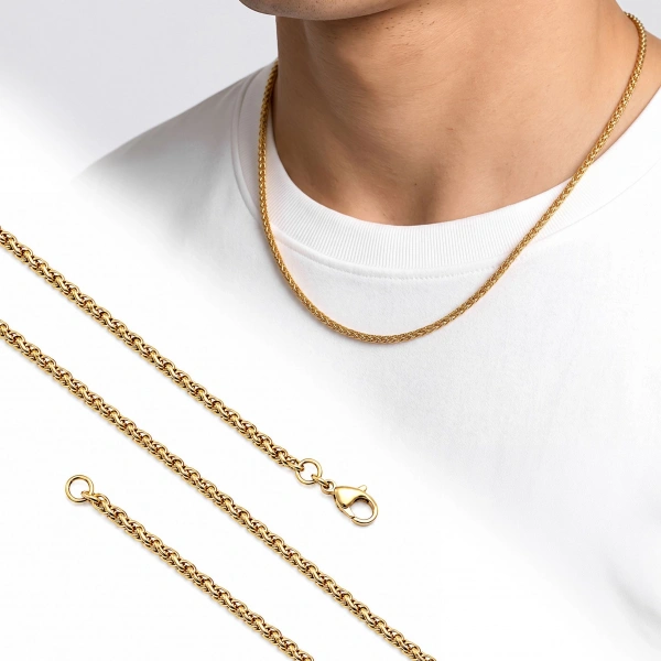 Moncuk Design Hasır Örgü Erkek Çelik Kolye 2mm 55cm Gold 3351ECK040