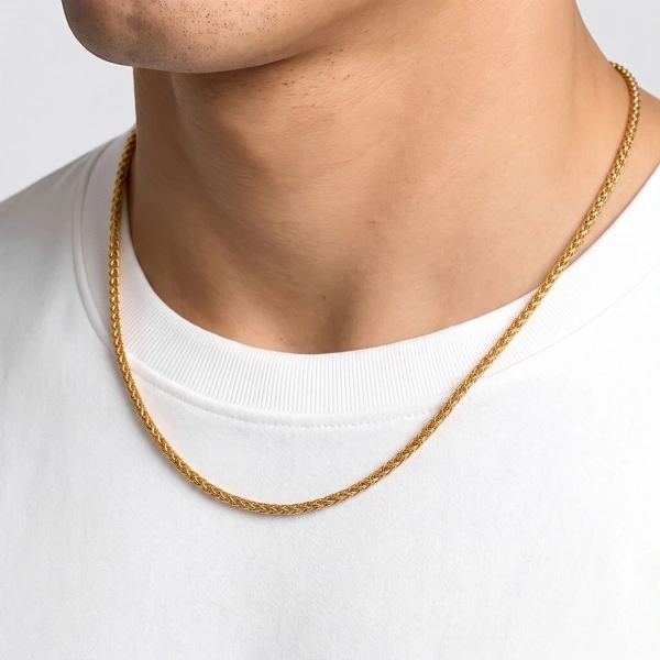 Moncuk Design Hasır Örgü Erkek Çelik Kolye 2mm 55cm Gold 3351ECK040