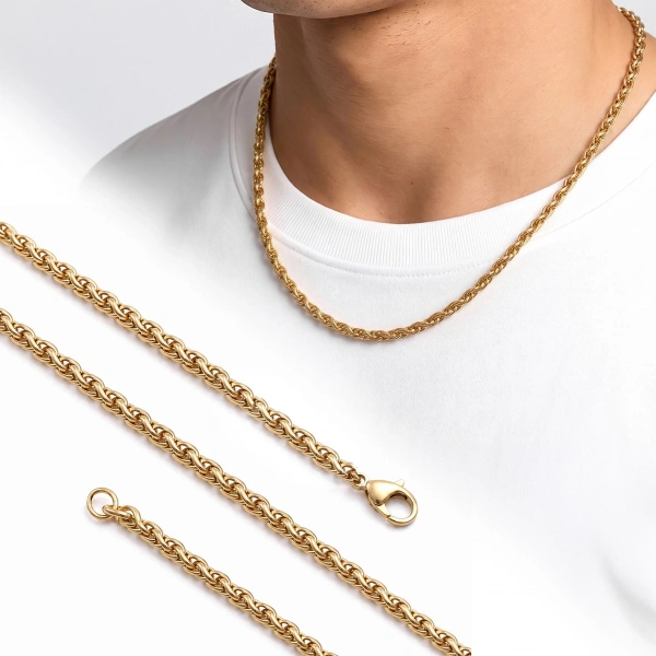Moncuk Design Hasır Örgü Erkek Çelik Kolye 4mm 55cm Gold 3351ECK035