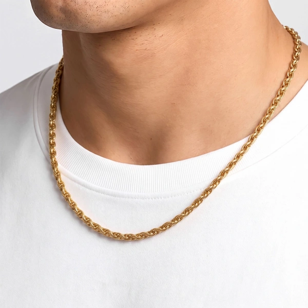 Moncuk Design Hasır Örgü Erkek Çelik Kolye 4mm 55cm Gold 3351ECK035