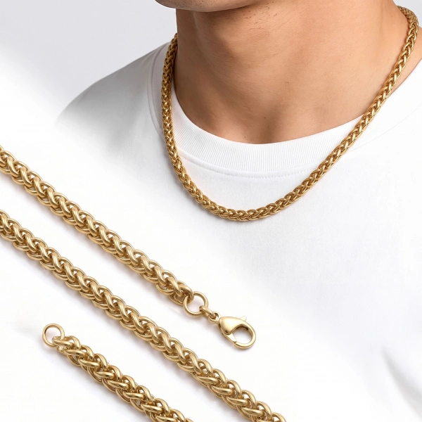 Moncuk Design Hasır Örgü Erkek Çelik Kolye 6MM 55CM Gold 3351ECK018