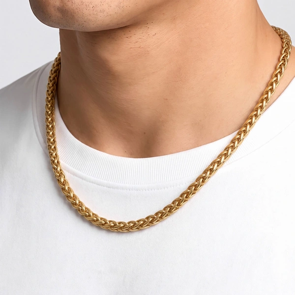 Moncuk Design Hasır Örgü Erkek Çelik Kolye 6MM 55CM Gold 3351ECK018