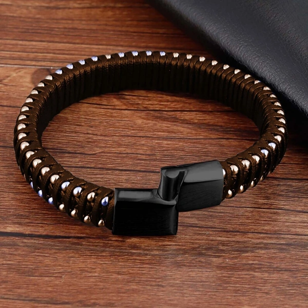Moncuk Design Kahve Rengi Deri Ve Damla Çelik Zincirli Bileklik 33514B1D2-3