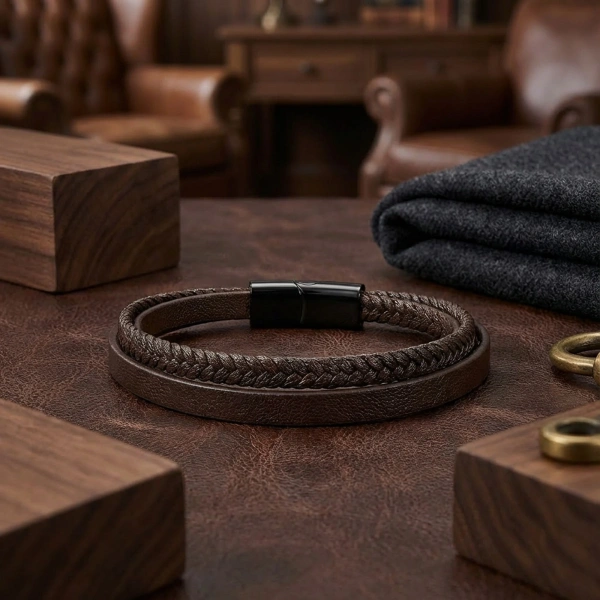 Moncuk Design Kahverengi Deri Ve Saç Örgü İkili Çoklu Çelik Bileklik 33513B12D2