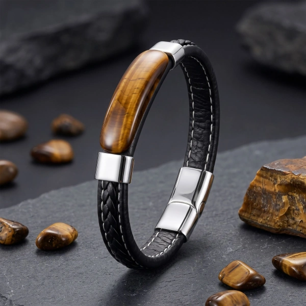 Moncuk Design Kaplan Gözü Aura Doğal Taşlı Deri Çelik Erkek Bileklik 33512B1D13