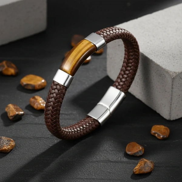 Moncuk Design Kaplan Gözü Taşlı Kahverengi Deri Erkek Çelik Bileklik 33514B6D2