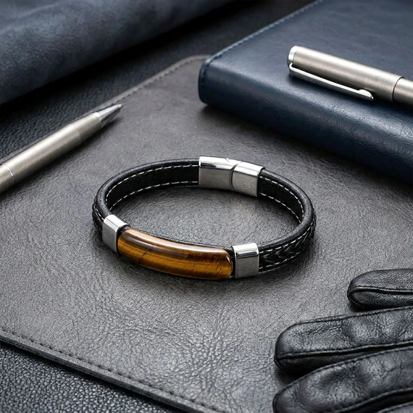 Moncuk Design Kaplangözü Taş & Deri Kordonlu Titanyum Çelik Erkek Bileklik 33512B1D2