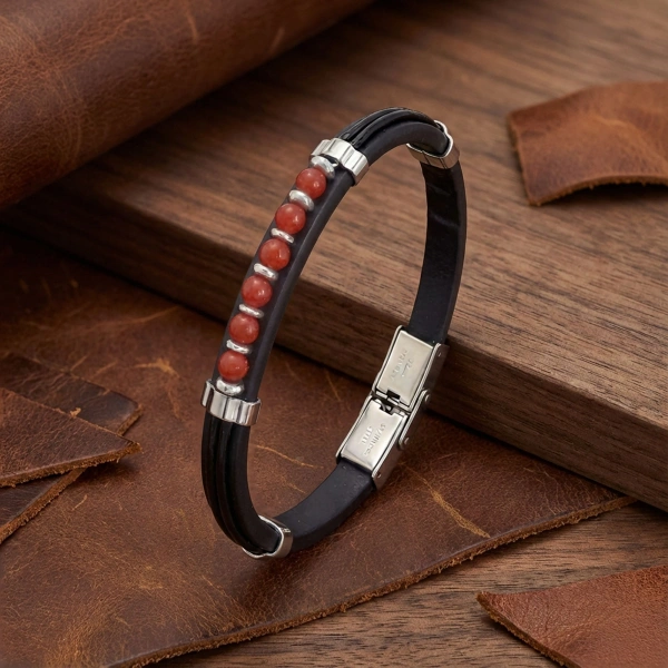 Moncuk Design Kırmızı Akik Taşlı Deri Bileklik 33511G6D4M