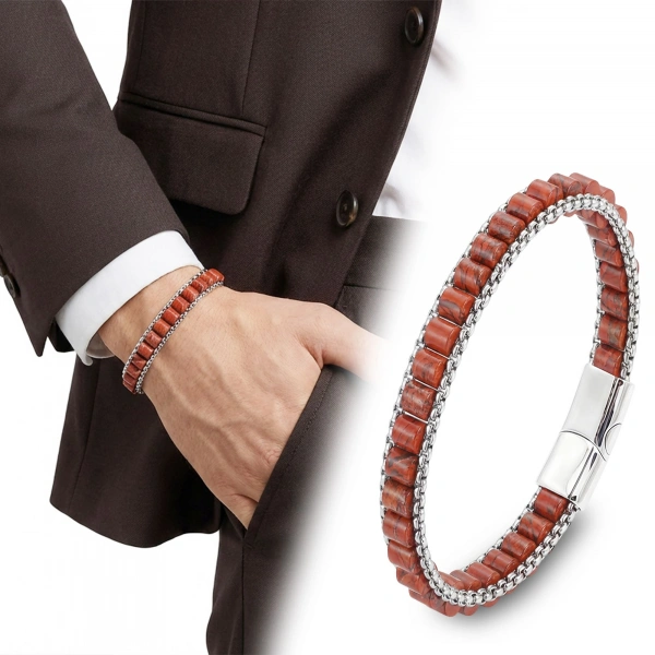 Moncuk Design  Kırmızı Jasper Doğal Taşlı Hasır Örgü Zincirli Erkek Çelik Bileklik 33512B28D18