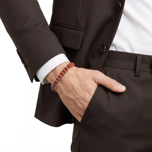 Moncuk Design  Kırmızı Jasper Doğal Taşlı Hasır Örgü Zincirli Erkek Çelik Bileklik 33512B28D18