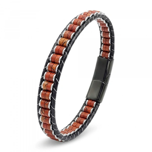 Moncuk Design Kırmızı Jasper & Hematit Çelik Örgülü Deri Bileklik 33512B22D6