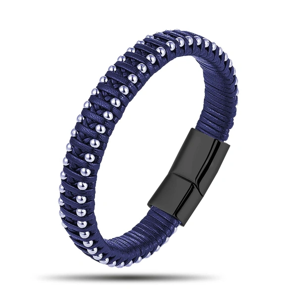 Moncuk Design Lacivert Deri Ve Damla Çelik Zincirli Bileklik 33514B1D2-2