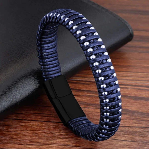 Moncuk Design Lacivert Deri Ve Damla Çelik Zincirli Bileklik 33514B1D2-2