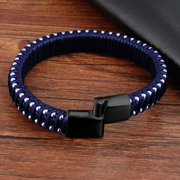 Moncuk Design Lacivert Deri Ve Damla Çelik Zincirli Bileklik 33514B1D2-2