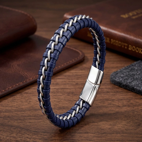 Moncuk Design Lacivert Zincir Model Çelik Ve Deri Bileklik 33514B2D5