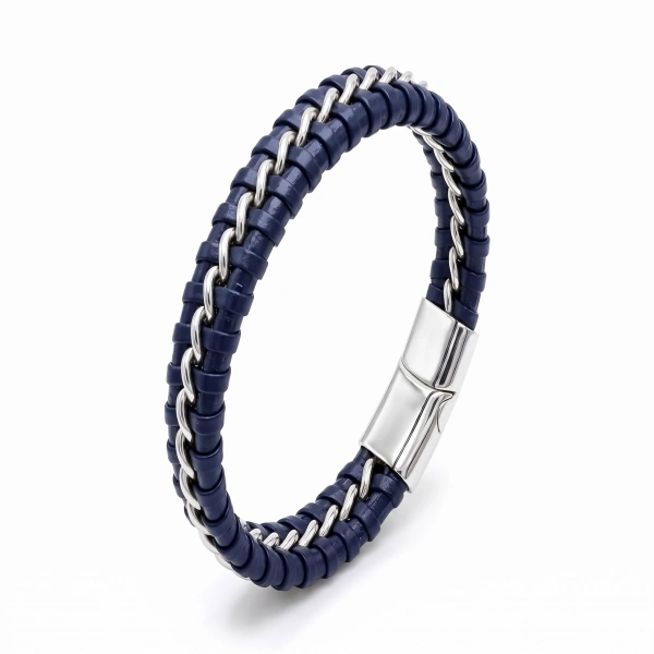Moncuk Design Lacivert Zincir Model Çelik Ve Deri Bileklik 33514B2D5