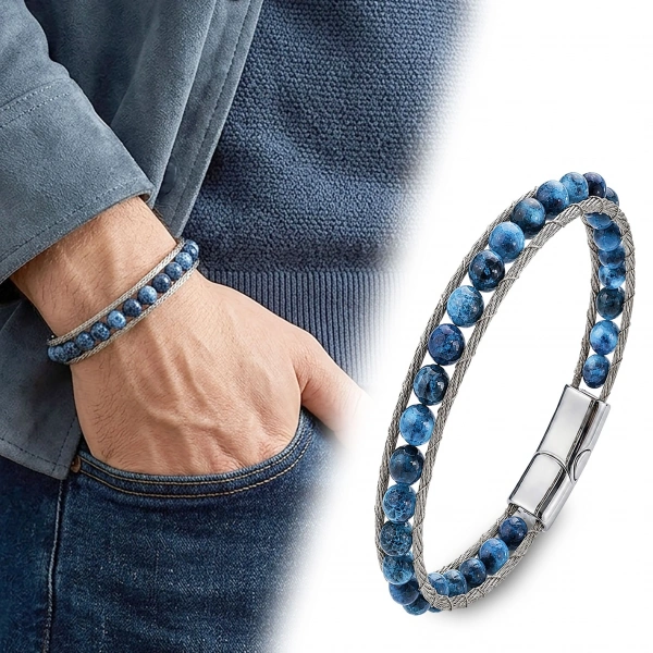 Moncuk Design Mavi Akik Doğaltaş Ve Çelik Halat Bileklik 33512B2DH14