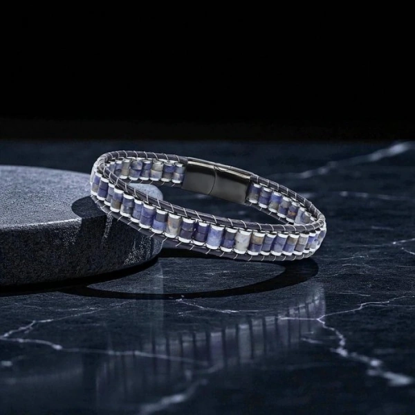 Moncuk Design Lapis & Hematit Çelik Örgülü Deri Bileklik 33512B22D10