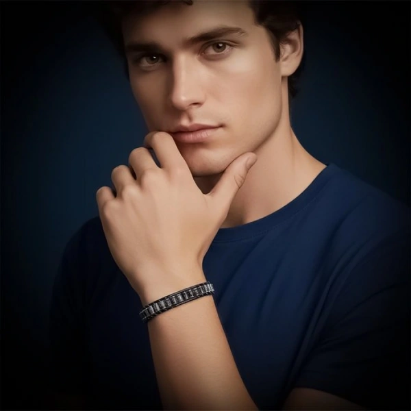 Moncuk Design Lapis & Hematit Çelik Örgülü Deri Bileklik 33512B22D10