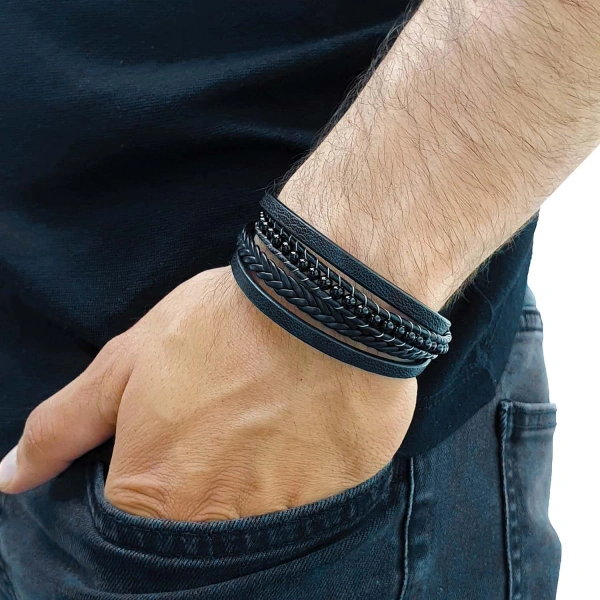 Moncuk Design Parlak Oniks Taşlı 316L Çelik Kilitli Çok Katmanlı Örgü Deri Erkek Bileklik 33512B9D16