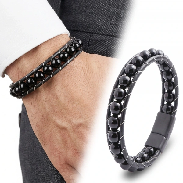 Moncuk Design Parlak Oniks Taşı Örmeli Deri Bileklik 33512B2D8M25