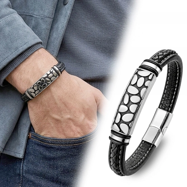 Moncuk Design River Stone Motifli Çelik Kilitli Siyah Deri Erkek Bileklik 33511B8D4