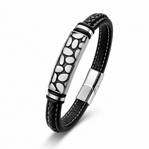 Moncuk Design River Stone Motifli Çelik Kilitli Siyah Deri Erkek Bileklik 33511B8D4