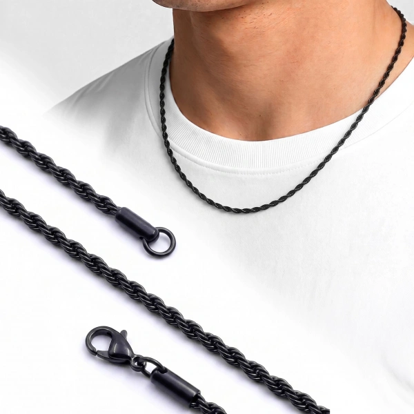 Moncuk Design Rope Halat Erkek Çelik Kolye 2mm 55cm Siyah 3351ECK047