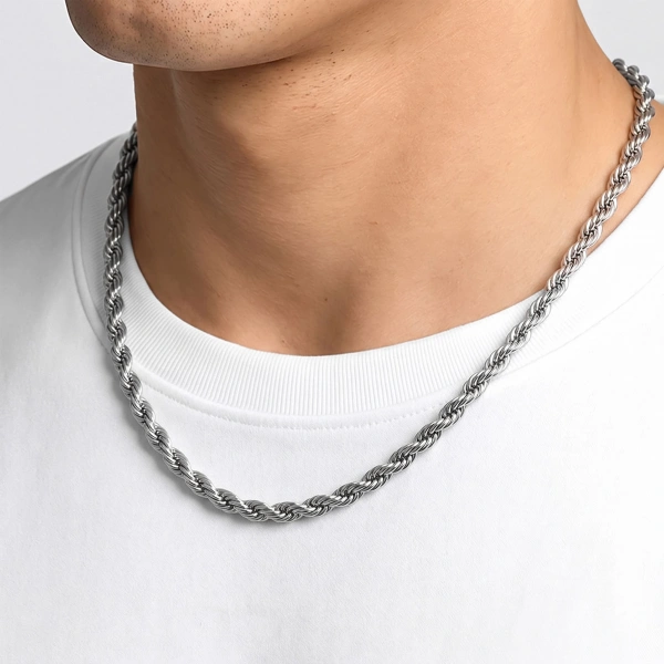 Moncuk Design Rope Halat Erkek Çelik Kolye 6mm 55cm Beyaz 3351ECK033