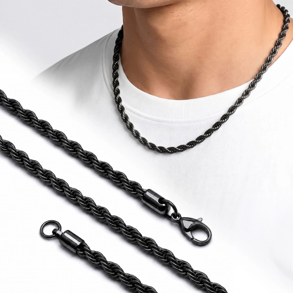 Moncuk Design Rope Halat Siyah Erkek Çelik Kolye 6mm 55cm 3351ECK024