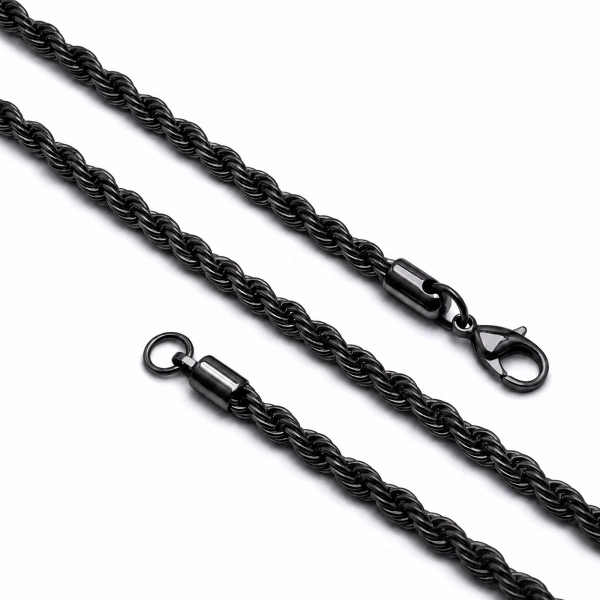 Moncuk Design Rope Halat Siyah Erkek Çelik Kolye 6mm 55cm 3351ECK024
