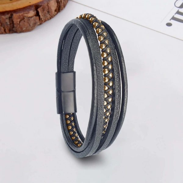Moncuk Design Sarı Hematit ve Çoklu Deri Erkek Bileklik 33514B3D2