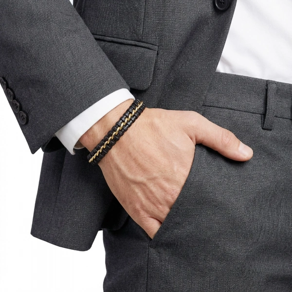 Moncuk Design Sarı Zincir Ve Deri Dolama Çelik Bileklik 33514B2D3