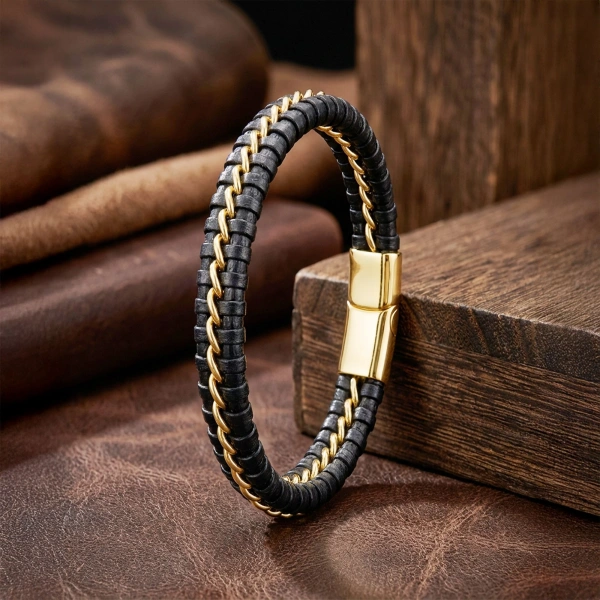 Moncuk Design Sarı Zincir Ve Deri Dolama Çelik Bileklik 33514B2D3