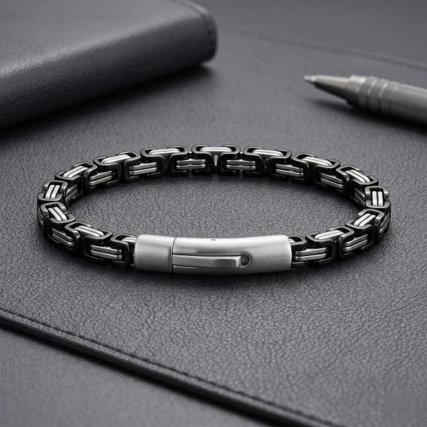 Moncuk Design Siyah & Beyaz Tekli 4mm Kral Model Çelik Zincir Erkek Bileklik 33515B2D10