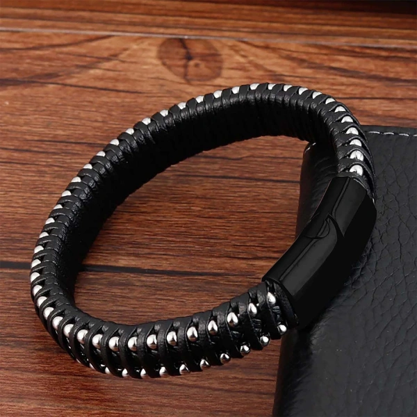 Moncuk Design Siyah Deri Ve Damla Çelik Zincirli Bileklik 33514B1D2-1