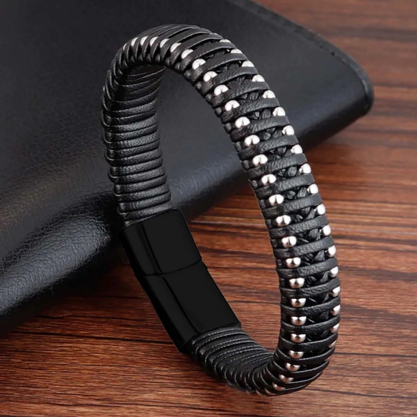 Moncuk Design Siyah Deri Ve Damla Çelik Zincirli Bileklik 33514B1D2-1