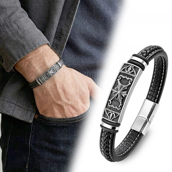 Moncuk Design Şövalye Arması Motifli Çelik Kilitli Siyah Deri Erkek Bileklik 33511B8D3