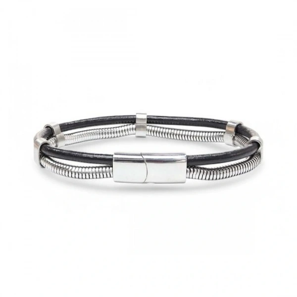 Moncuk Design Spiral Çelik Zincir Ve Deri Bileklik 3351BLK1001