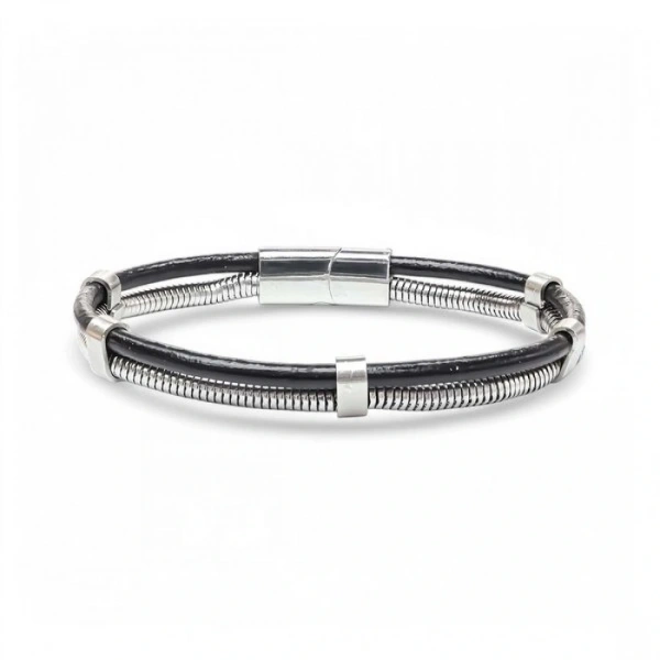 Moncuk Design Spiral Çelik Zincir Ve Deri Bileklik 3351BLK1001