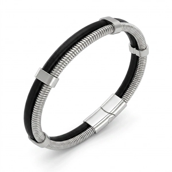 Moncuk Design Spiral Çelik Zincir Ve Deri Bileklik 3351BLK1001