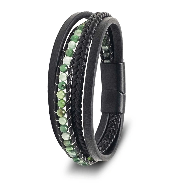 Moncuk Design Yeşil Madagaskar Taşlı 316L Çelik Kilitli Çok Katmanlı Örgü Deri Erkek Bileklik 33512B9D26