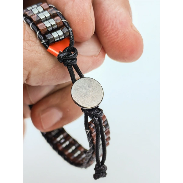 Obsidyen Doğal Taş Kahverengi Örme Erkek Bilekliği 4X2 mm