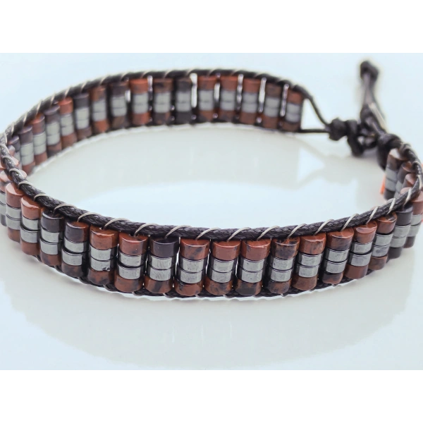 Obsidyen Doğal Taş Kahverengi Örme Erkek Bilekliği 4X2 mm